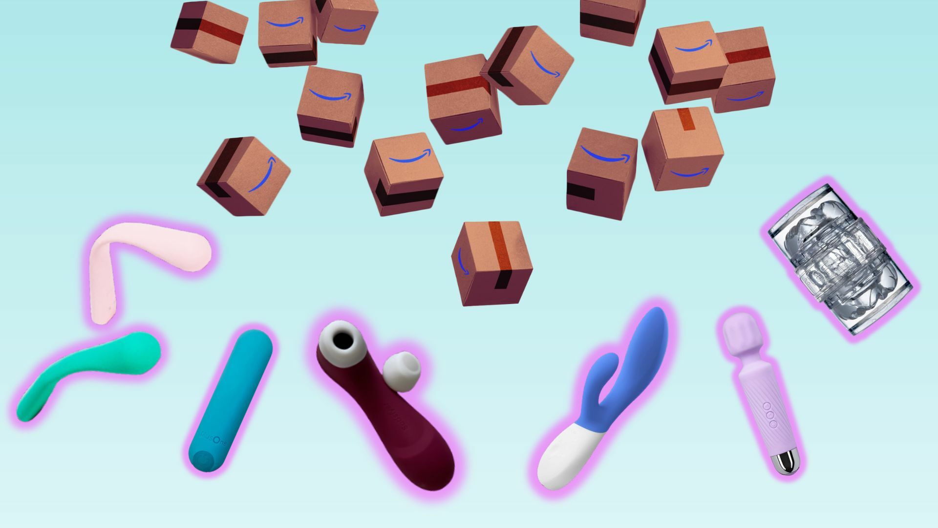 falling amazon boxes over collage of sex toys
