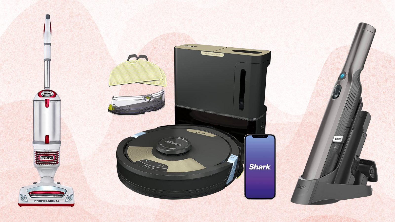 An assortment of Shark vacuums on pastel background