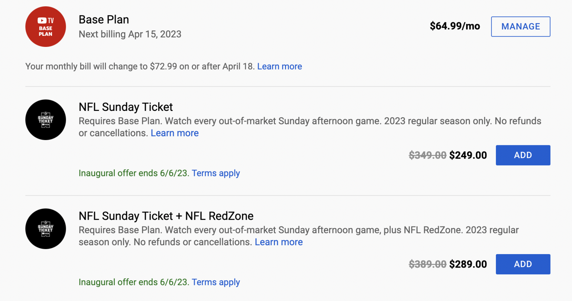 NFL Sunday Ticket add-on for YouTube TV