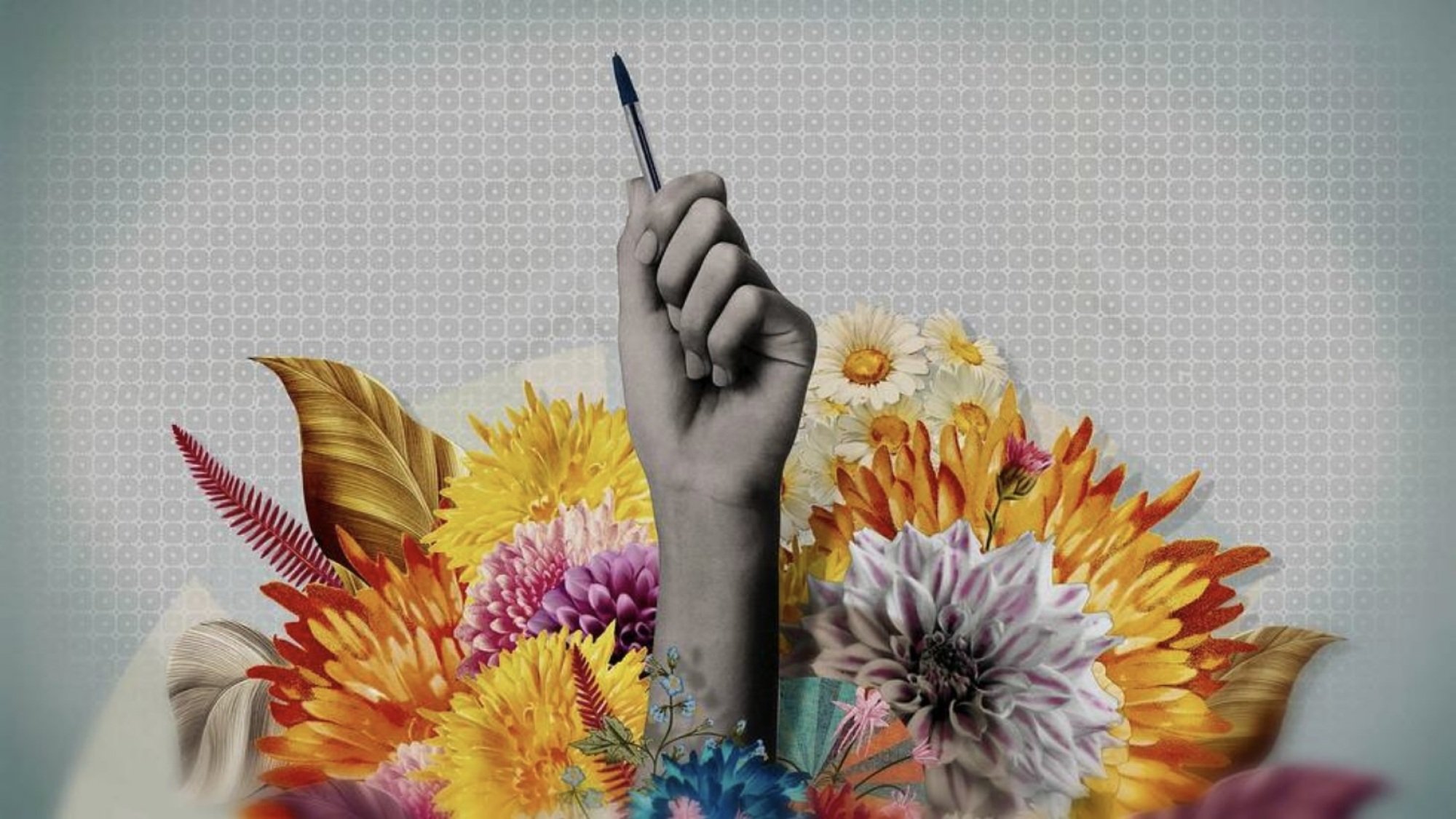 A collage of a black and white hand holding a pen surrounded by colorful flowers.