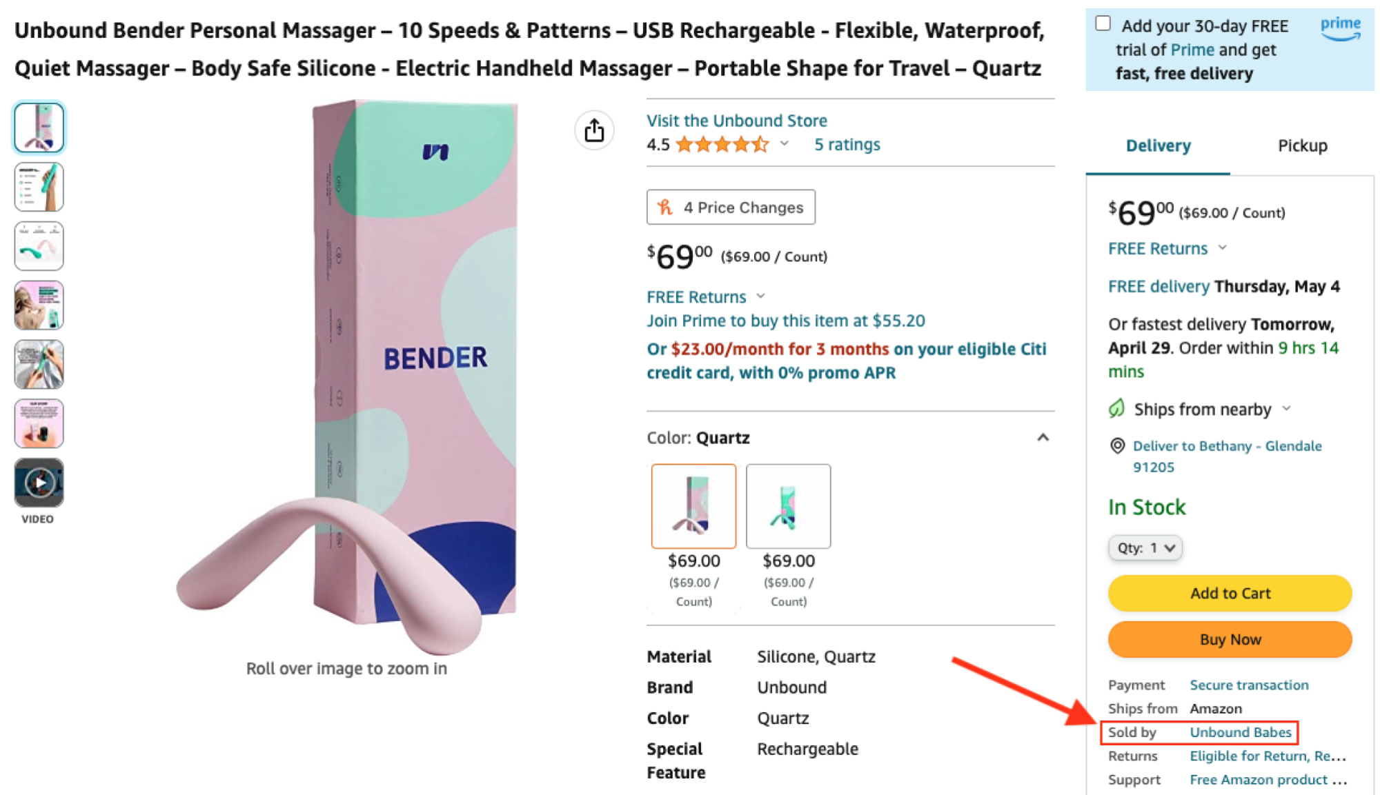 screenshoot of unbound bender amazon page with red arrow and red box highlighting the "sold by" section