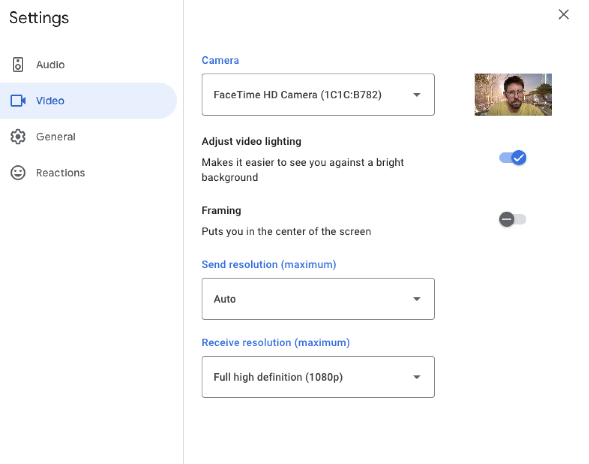 Google Meet video settings