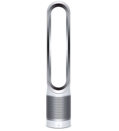 Silver and white Dyson air purifier against a white background
