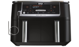 Black air fryer against white background