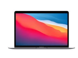 MacBook Air with a purple, red, yelow, and blue gradient screensaver