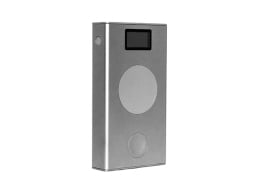 silver powerbank standing upright against a plain white background