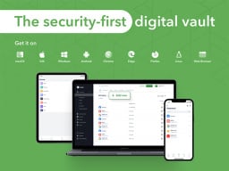 lime green background with a banner that reads "the security-first digital vault" with a laptop, iphone, and tablet pictured showing the Locker Password Manager's interface