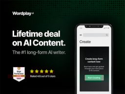 black background with white text next to an iphone with the Wordplay app on the screen. Text reads, "Lifetime deal on AI Content"