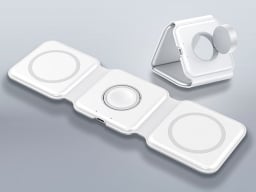 foldabe charging station is unfolded and lying flat on a gray background, the folded version is also pictured against the gray background