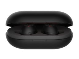 black earbuds against white background