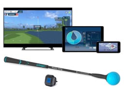 A monitor and two mobile devices behind Phigolf equipment