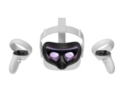 virtual reality headset and two wrist controls against a white background