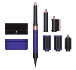 Blue and rose gold Dyson Airwrap, attachments, and carrying case