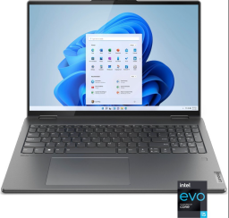 Grey Lenovo laptop with a blue screen and an intel core to the bottom right