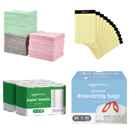 Microfiber cloths, notepads, paper towels, and trash bags on white background
