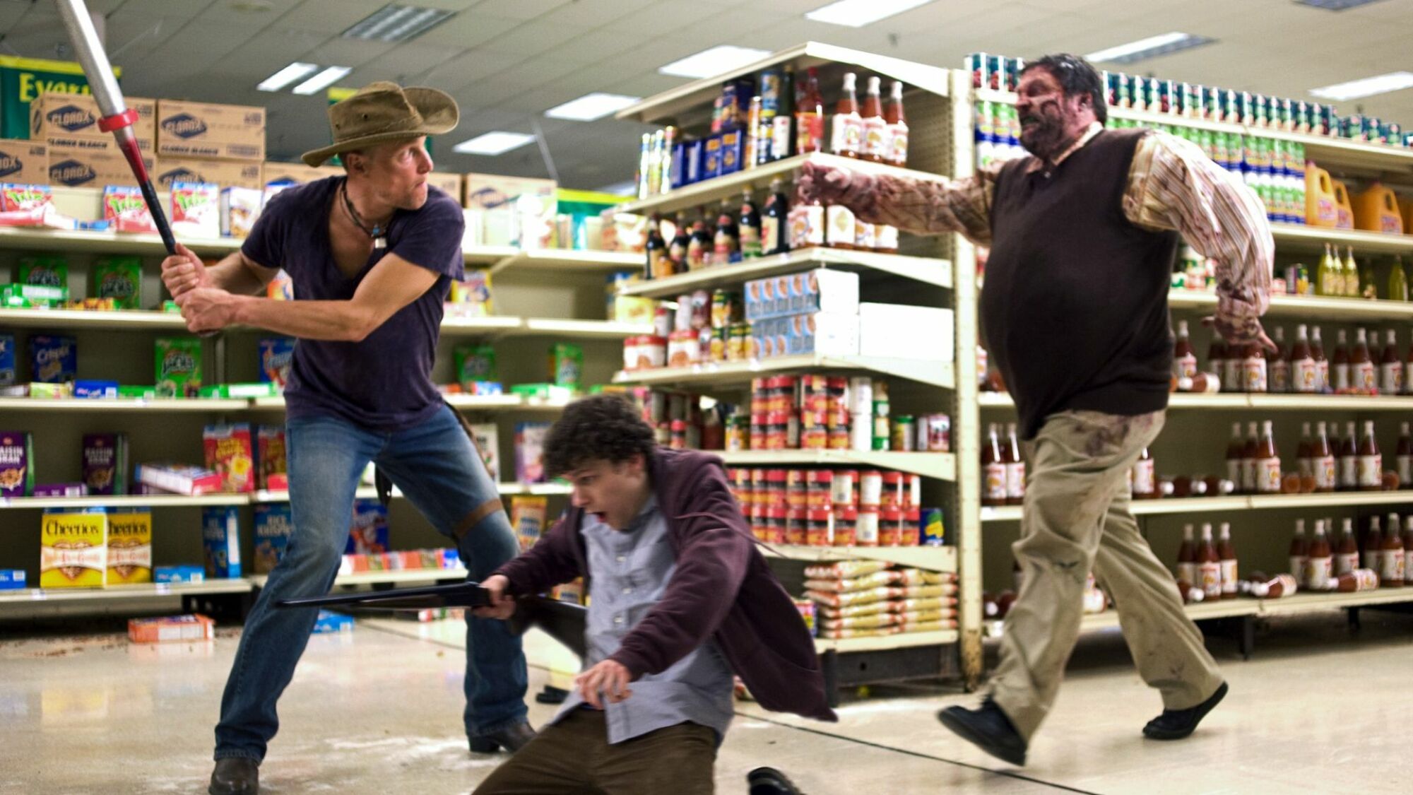 Woody Harrelson takes a swing — of his bat — to save Jesse Eisenberg in "Zombieland."