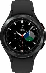 Black Samsung Galaxy watch against white background