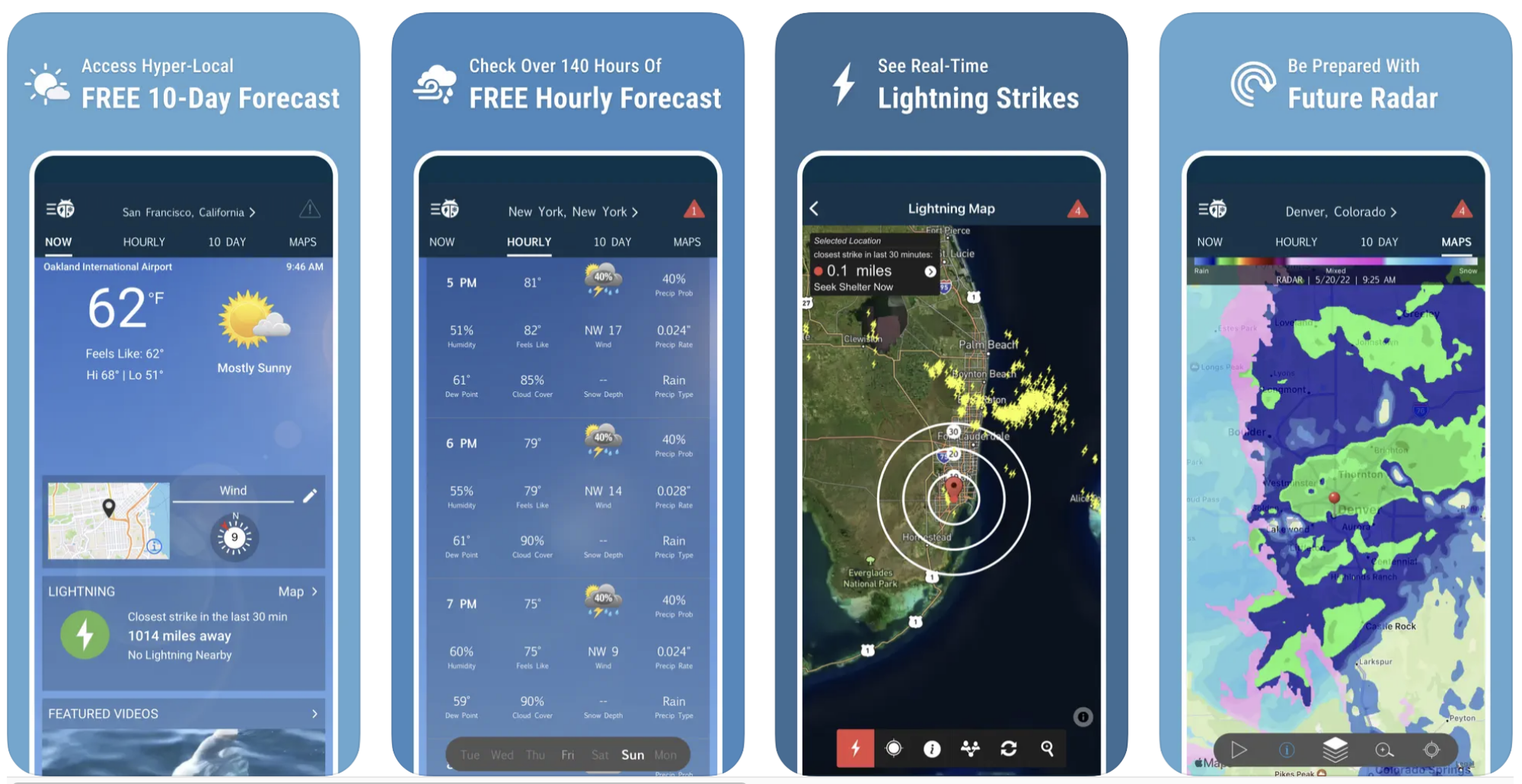 WeatherBug screenshots of its features on iOS