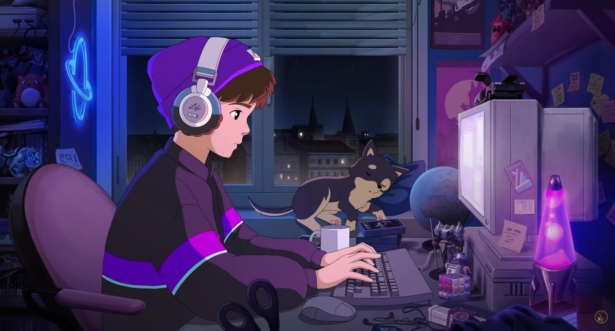 illustration of anime-style man in his room typing on a computer while his black and brown dog sleeps on the windowsill