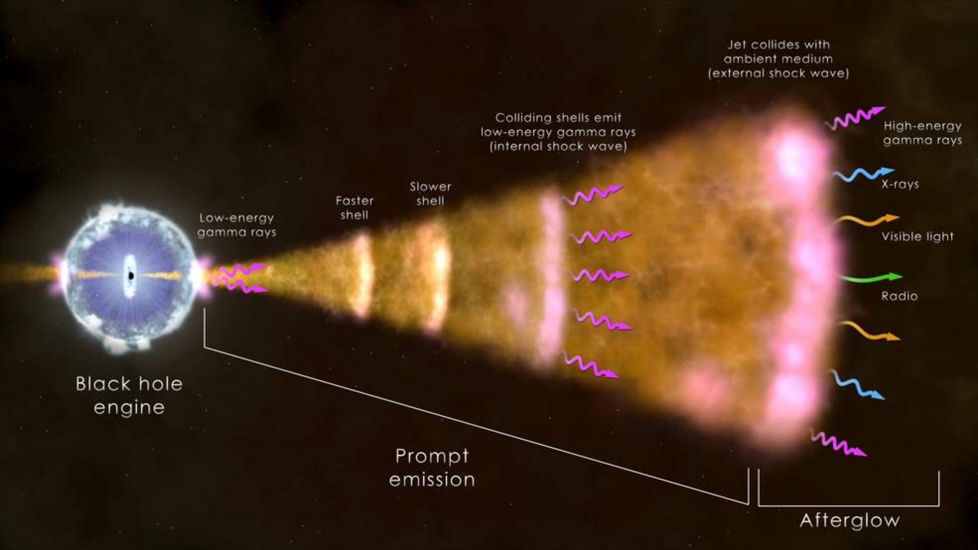 A graphic showing the different types of radiation produced after a giant star collapses on itself, ultimately forming a black hole.