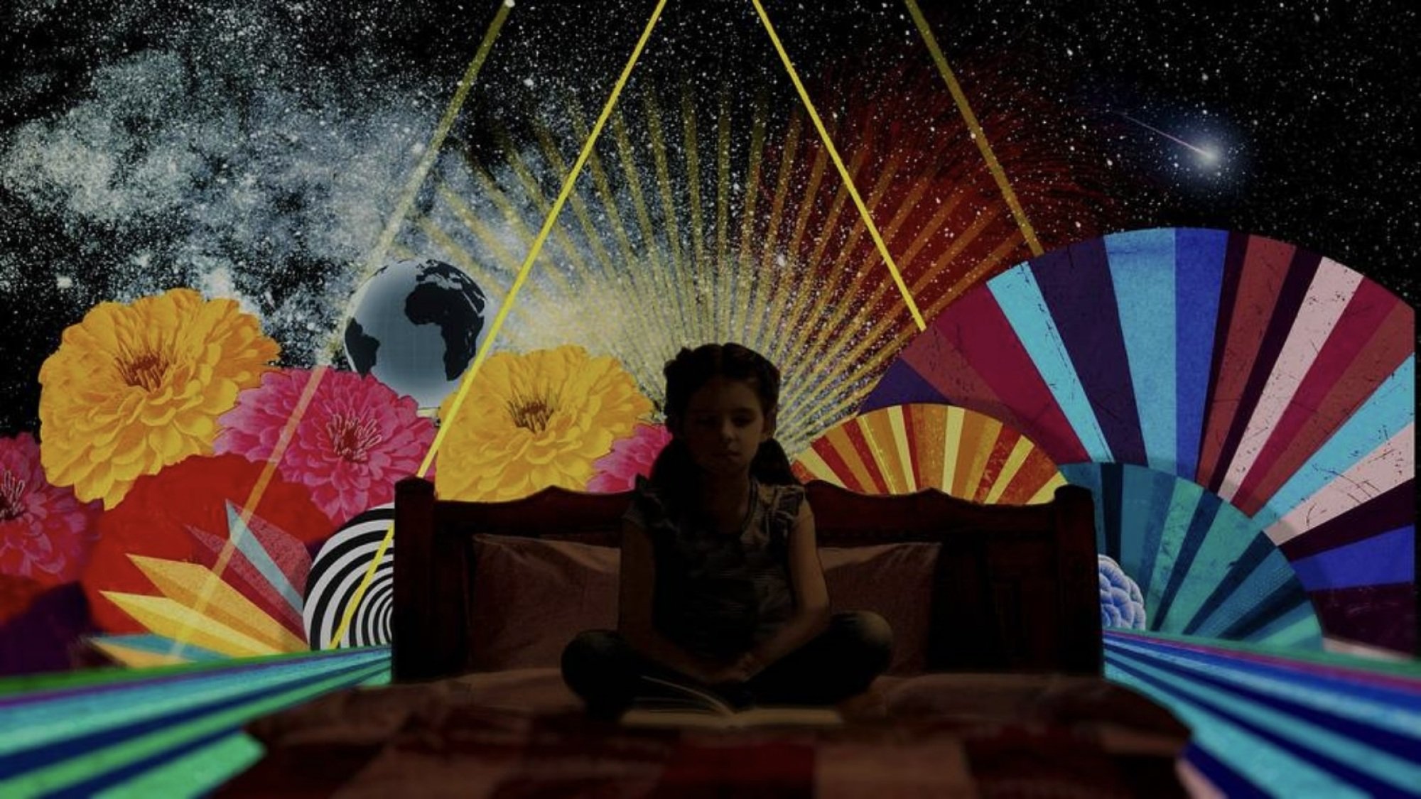 A collage of a young woman sitting on her bed floating in space, with flowers and colors blooming around her.