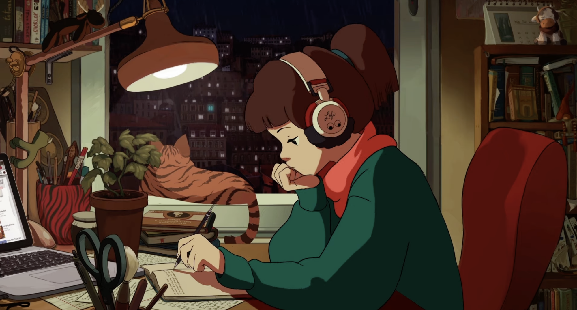 anime-style woman sits at desk in her room with cat in the background