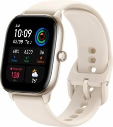 Rectangular Amazfit smartwatch with white watch band