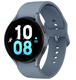 Smartwatch with blue wristband against white background, numbers in blue and white