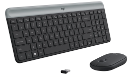 Black wireless mouse, keyboard, and receiver against white background