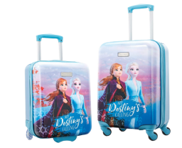 Hard luggage with Anna and Elsa and light blue background
