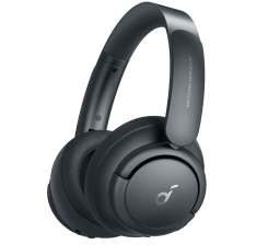 Black wireless headphones against white background