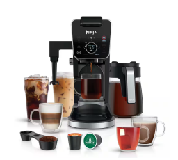 Ninja coffee system with two cups, a mug, and a carafe against white background
