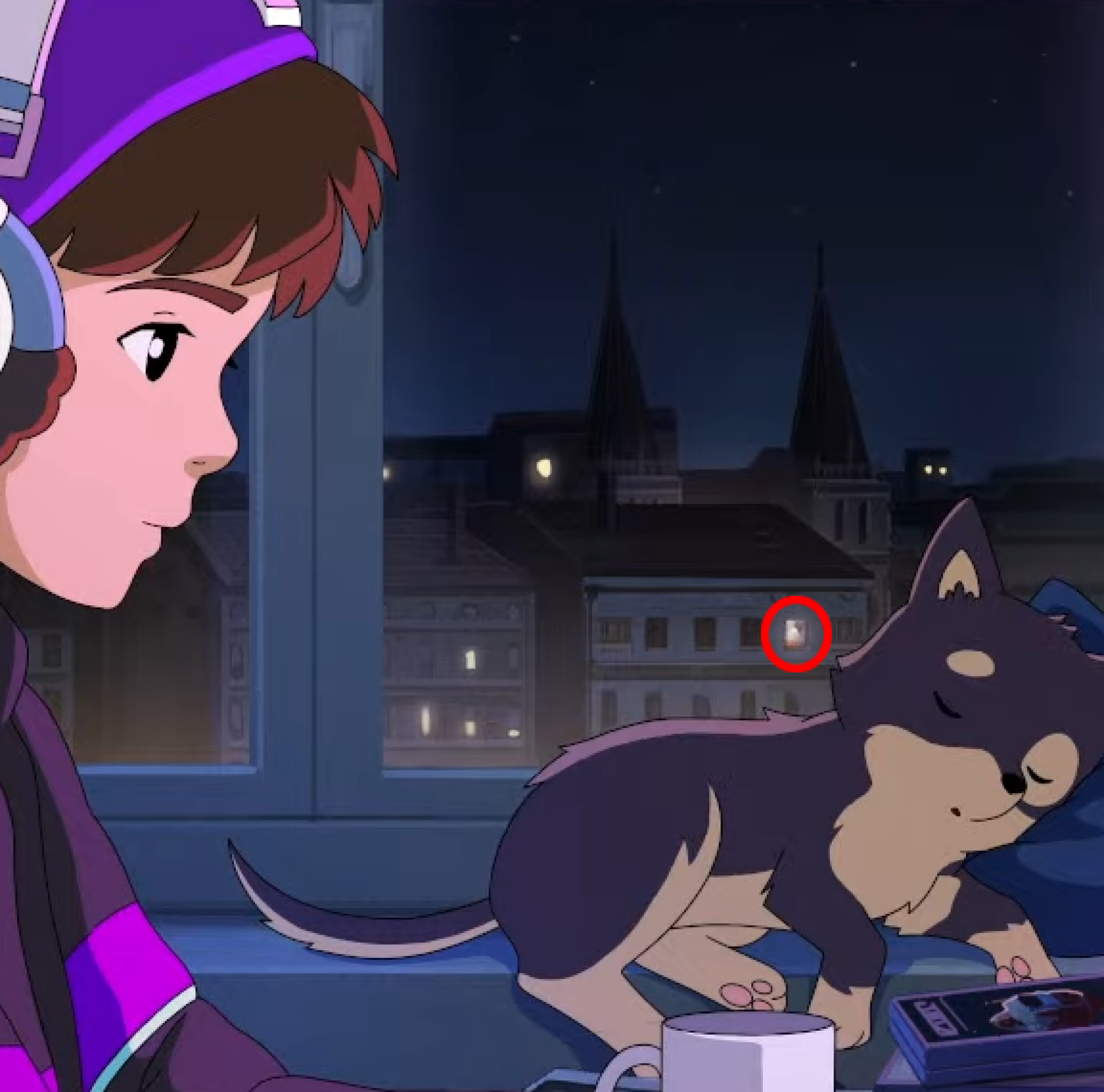 red circle around window in synth boy background
