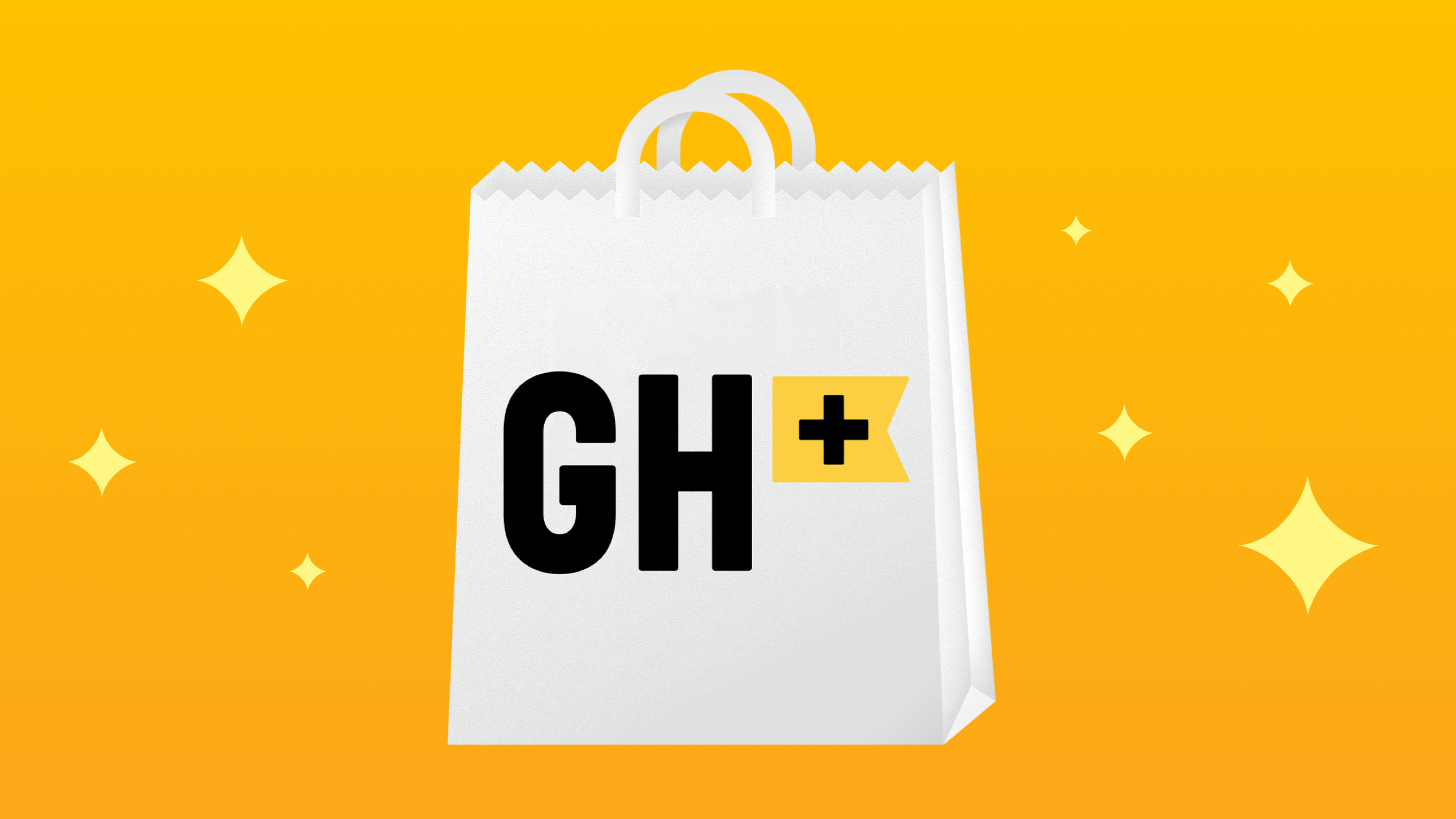 grubhub+ logo: small white paper bag against yellow background
