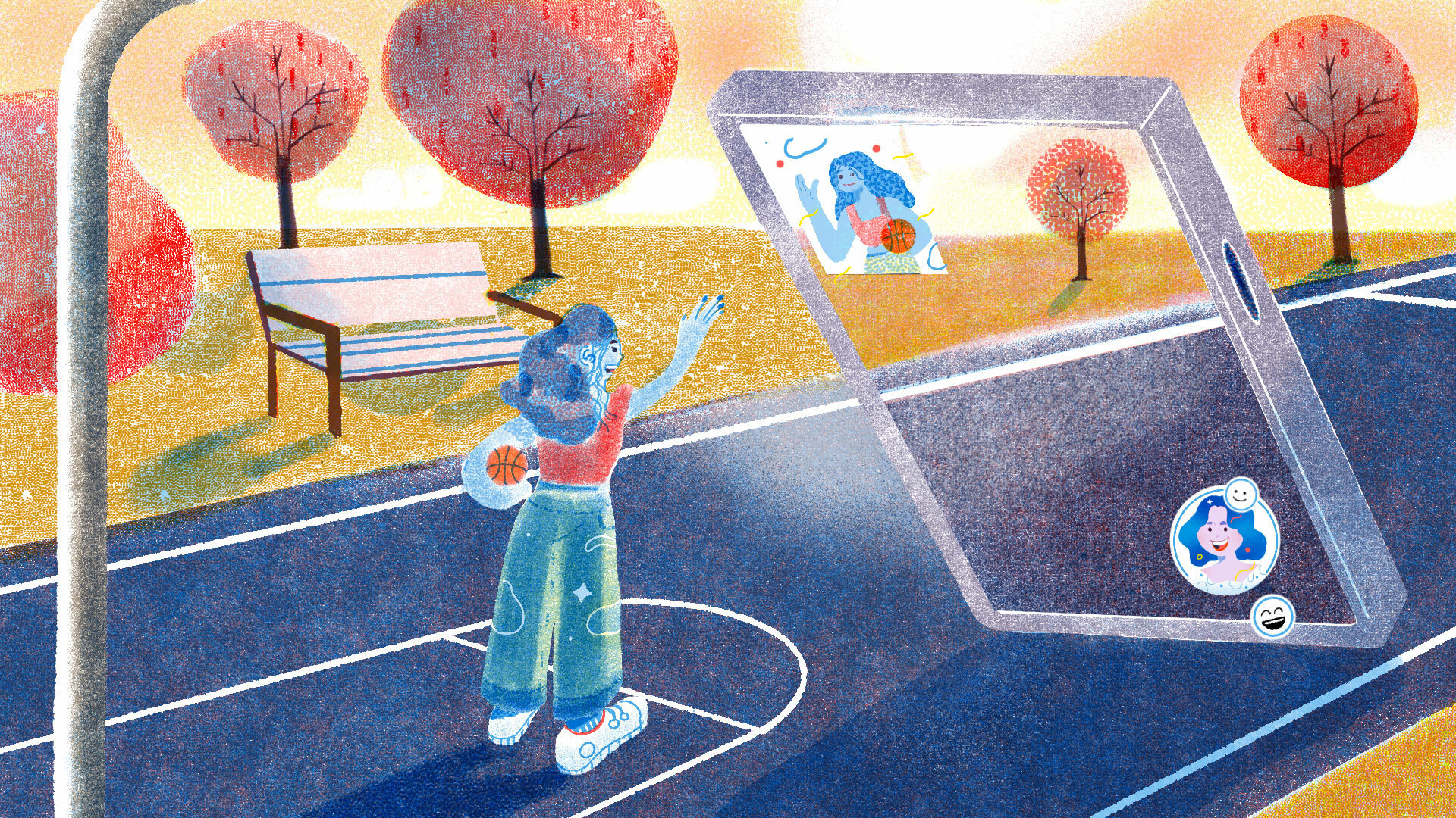 An illustration of a girl taking a BeReal on the basketball court.