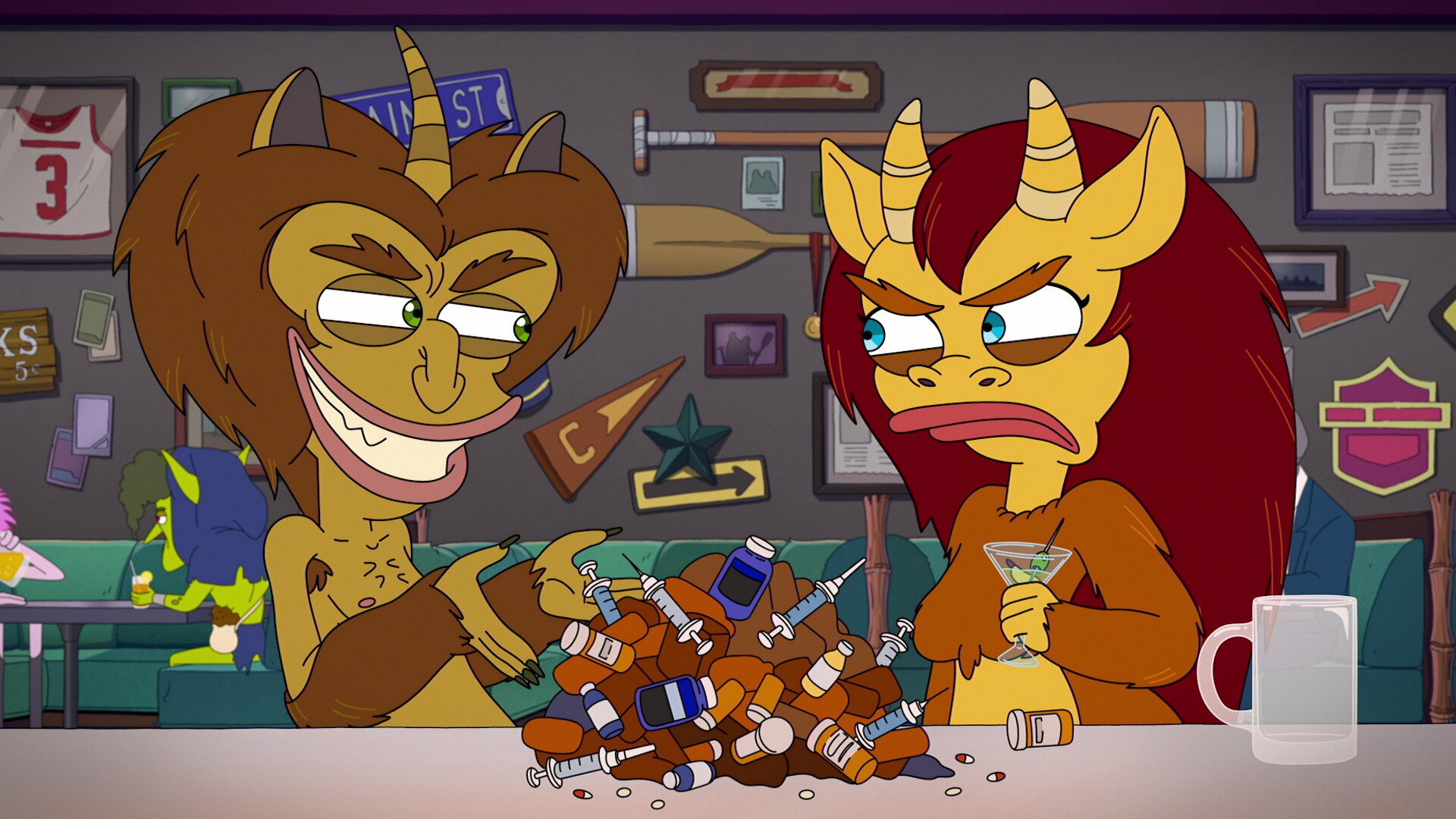 An illustration of two yellow monsters arguing in a basement.