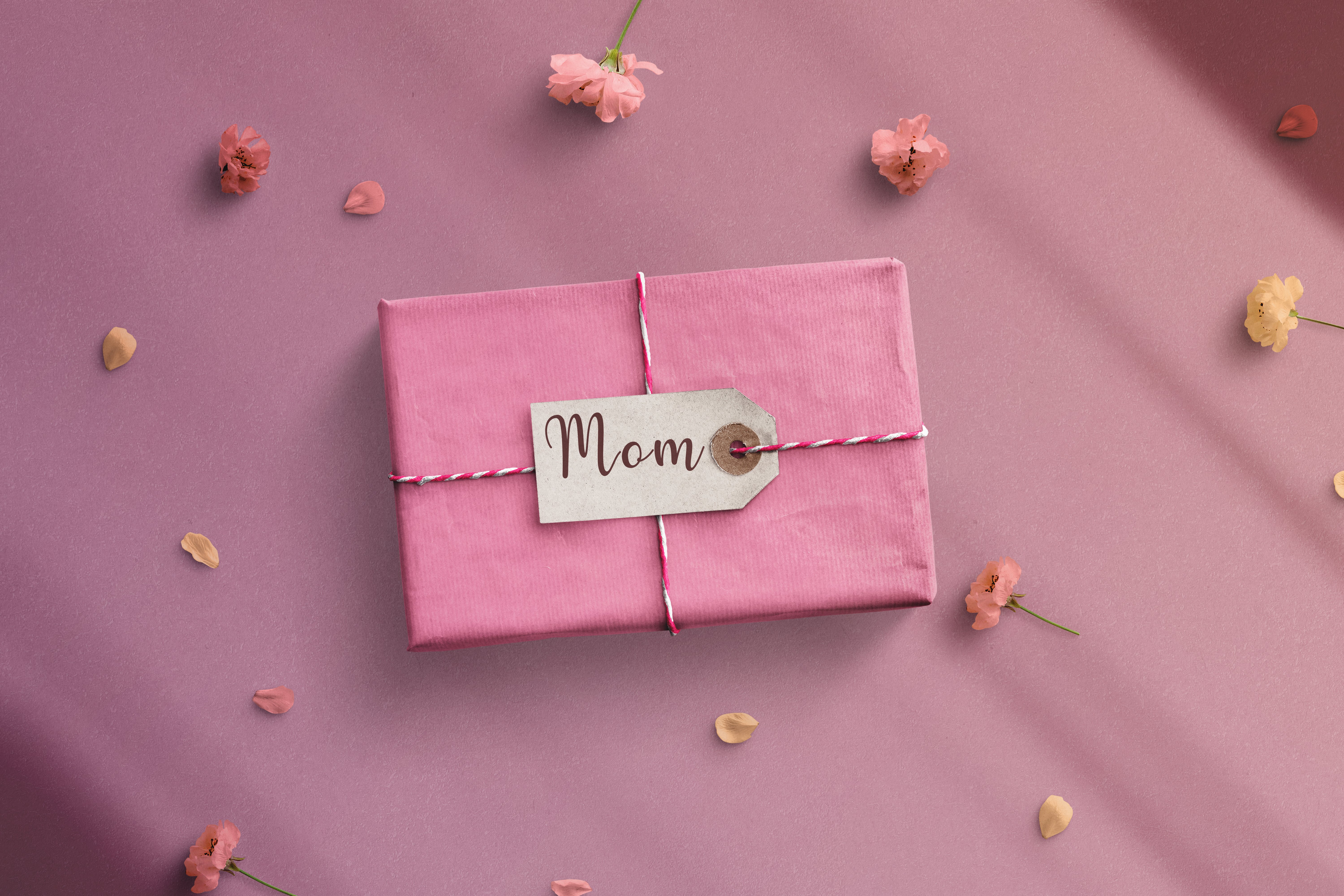 Pink gift top view. mothers day text on banner - stock photo