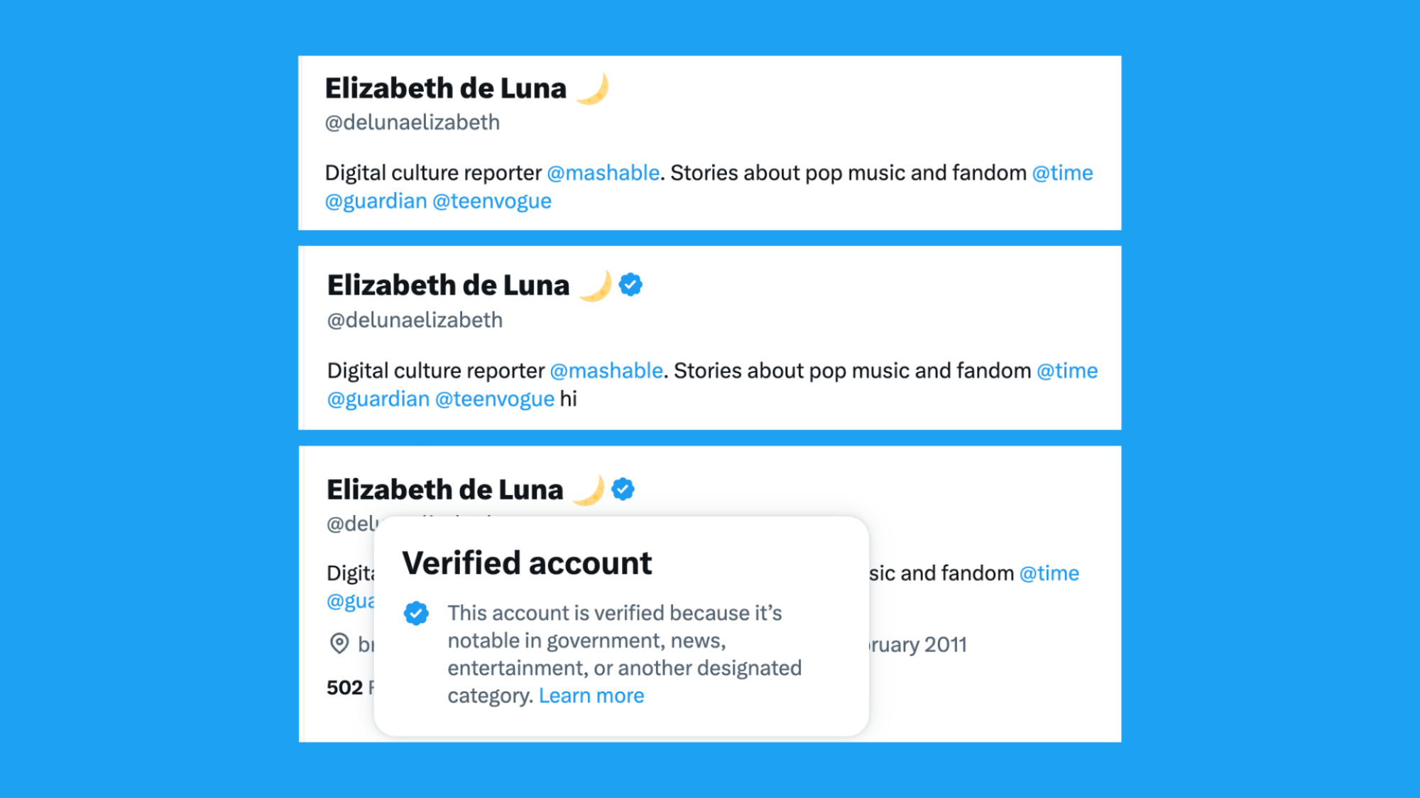 Screenshots of the author's twitter bio without a checkmark, with a checkmark after adding the word "hi"