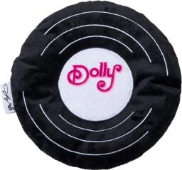 record chew toy that reads 'dolly' in the center