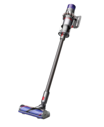Silver cordless vacuum with purple accents