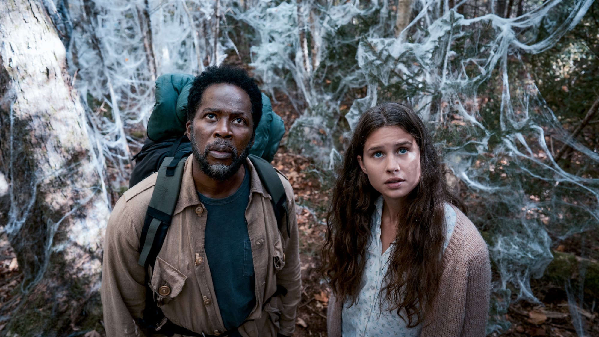 A man and a woman stand looking worried in a forest in the TV series "From"