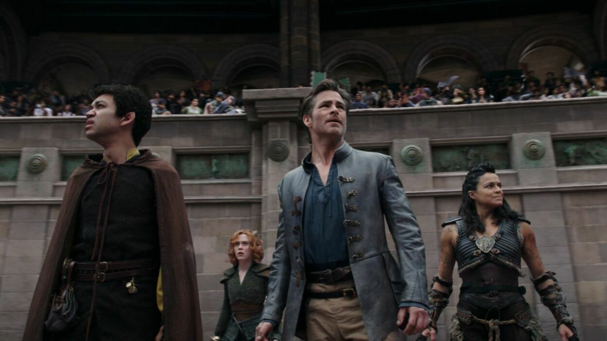 A group of D&D characters stand in battle formation in the film "Dungeons and Dragons: Honor Among Thieves"