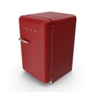 Smeg FAB10 fridge positioned at a slight angle, in a deep red color