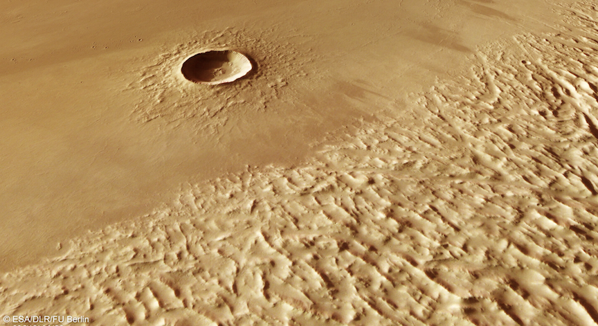 Evidence of a catastrophic landslide on the bottom portion of the giant Martian volcano Olympus Mons.