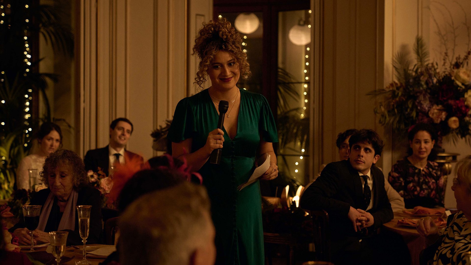 Rose Matafeo gives a speech at a wedding in the TV show 