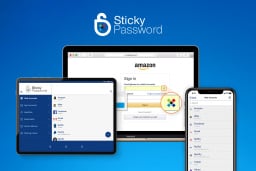 Sticky password with graphic of tablets and smartphone