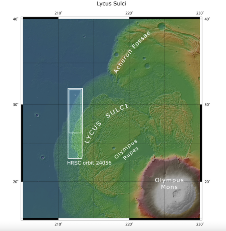 In this satellite image, the inner white box shows the newly viewed areas of the feature Lycus Sulci.