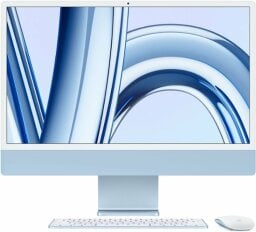 the blue m3 apple imac with its magic mouse and magic keyboard
