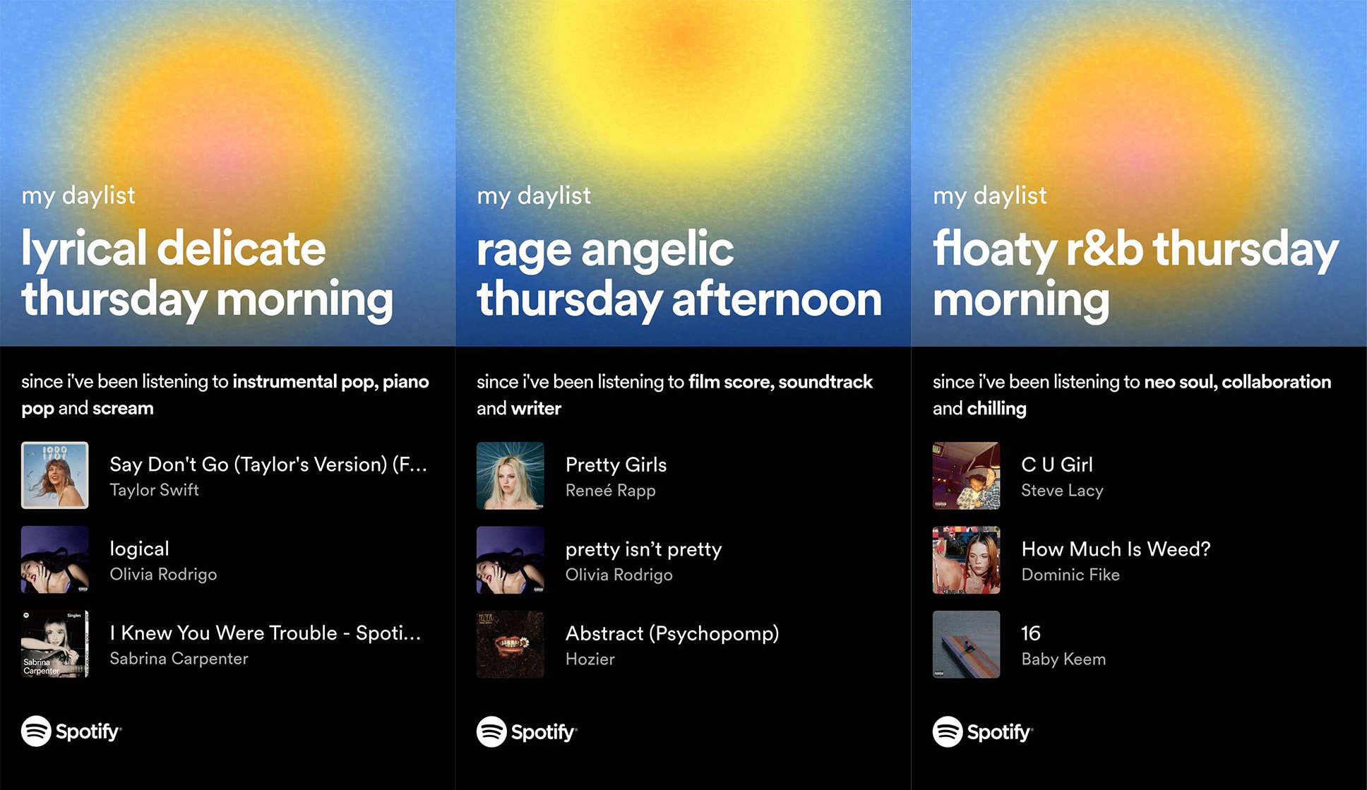 Screenshots of the three daylists mentioned in the story.