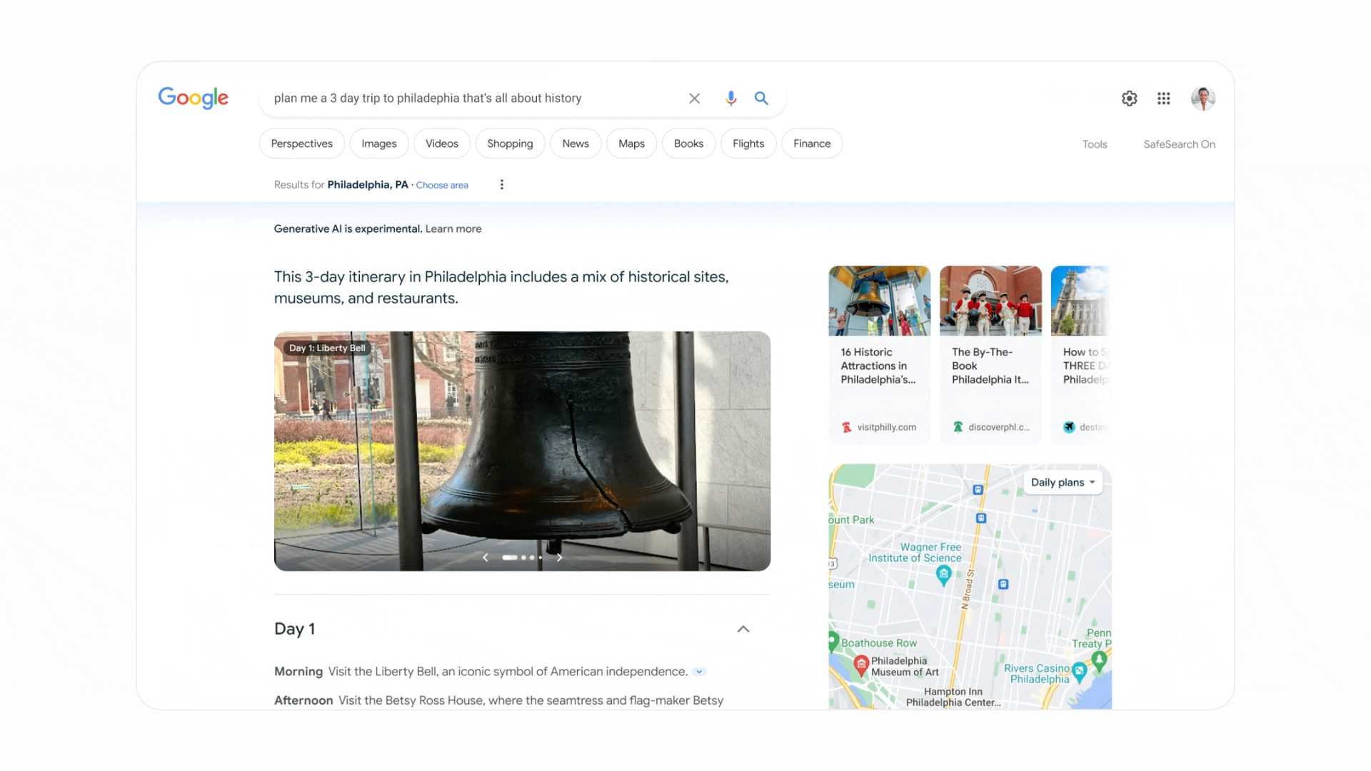 Google SGE search result showing a 3-day itinerary for a trip to Philadelphia